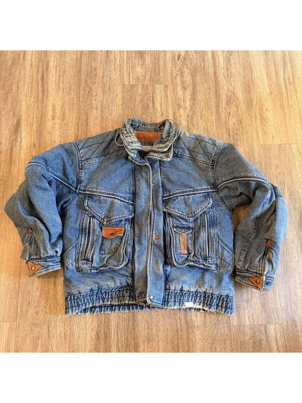 Vintage 90’s Todays News Men’s Aztec Lined Leather Trim Full Zip Denim Jacket L